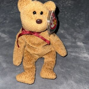 Ty Tan Plush Bear with Burgundy Ribbon